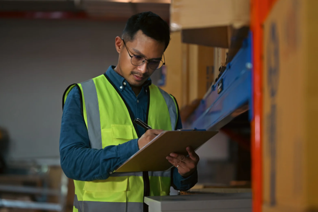 Warehouse operative checking stock on a clipboard, representing how warehouse training supports accuracy, efficiency and modern logistics challenges.